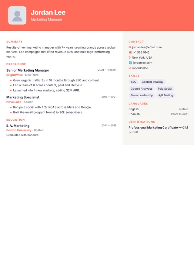 Aurora resume template — preview with sample content