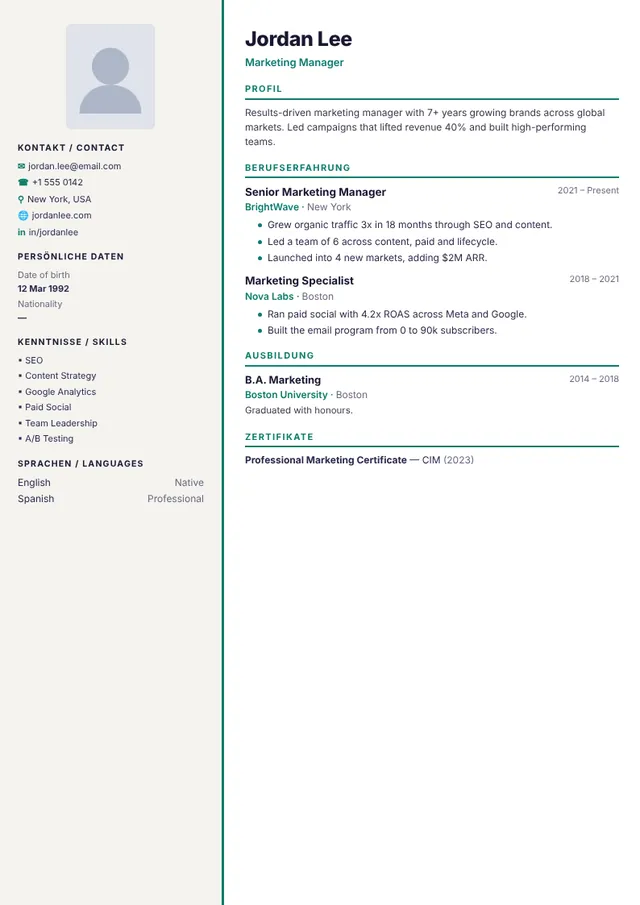 Berlin resume template — preview with sample content