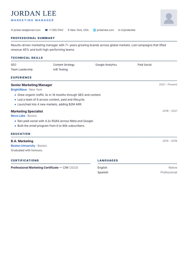 Blueprint resume template — preview with sample content