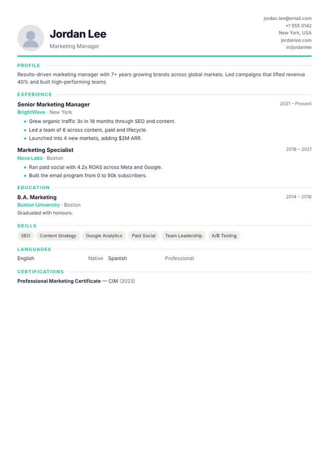 Compact resume template — preview with sample content
