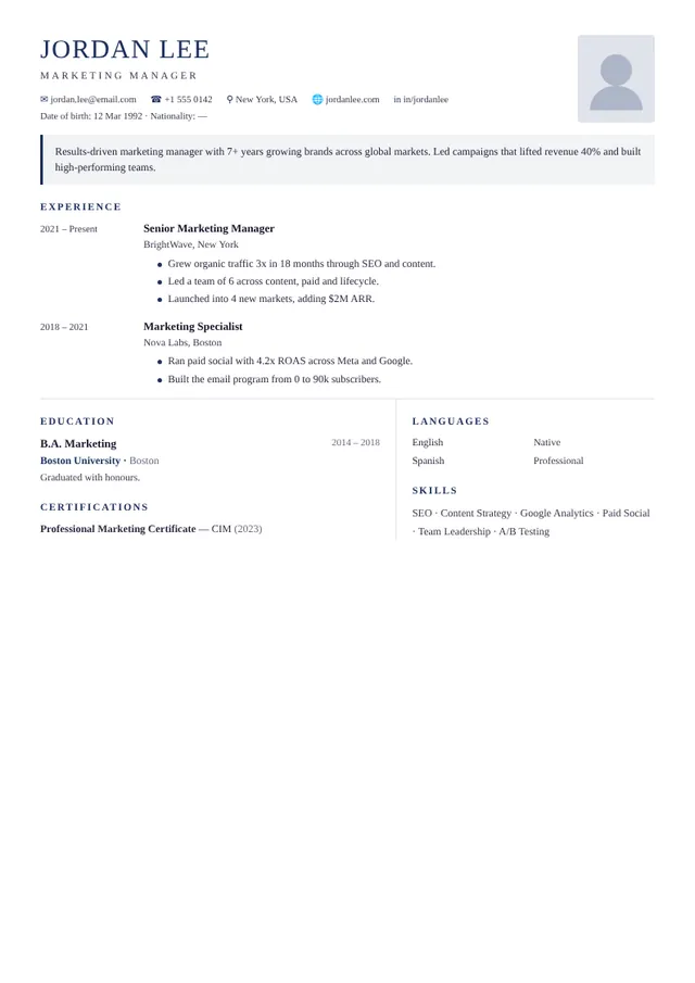 Diplomat resume template — preview with sample content