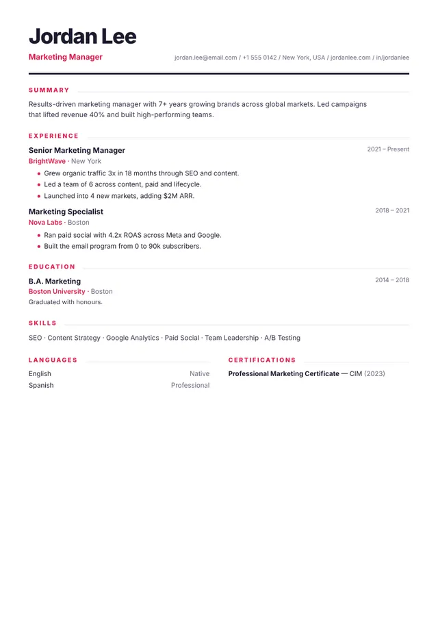 Horizon resume template — preview with sample content