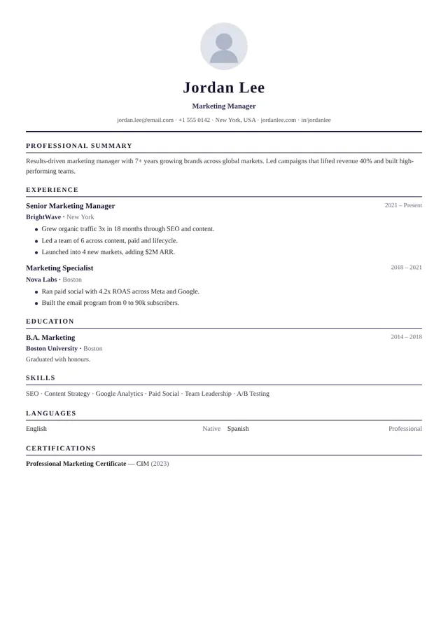 Meridian resume template — preview with sample content