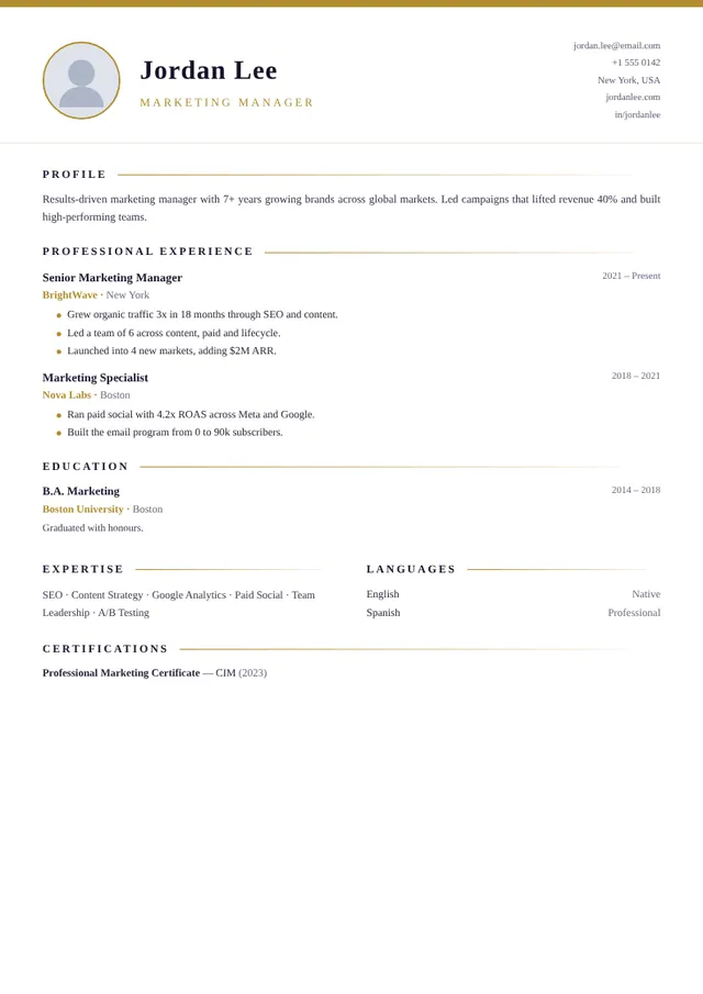 Monarch resume template — preview with sample content