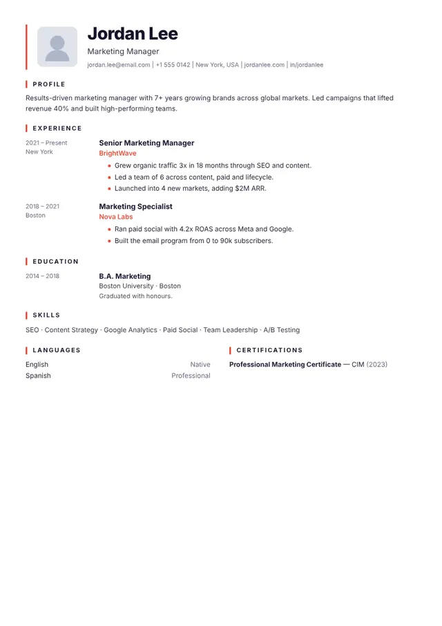 Signal resume template — preview with sample content