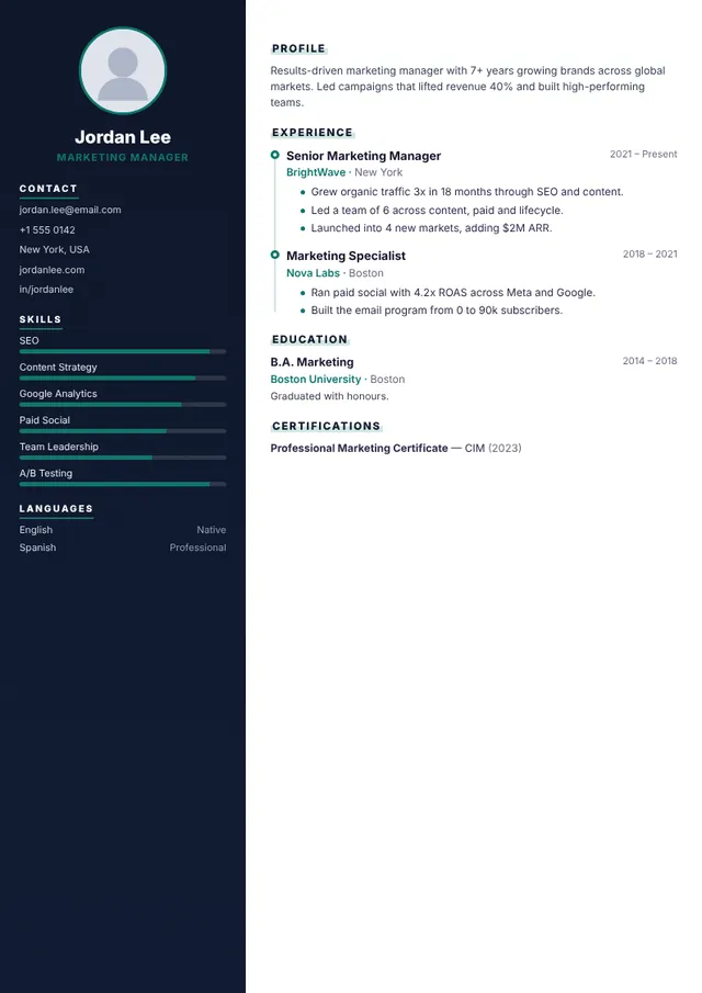 Vertex resume template — preview with sample content
